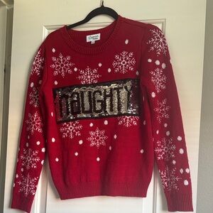 Lavender Moon Red Sweater with Gold Sequin 'NAUGHTY' Panel